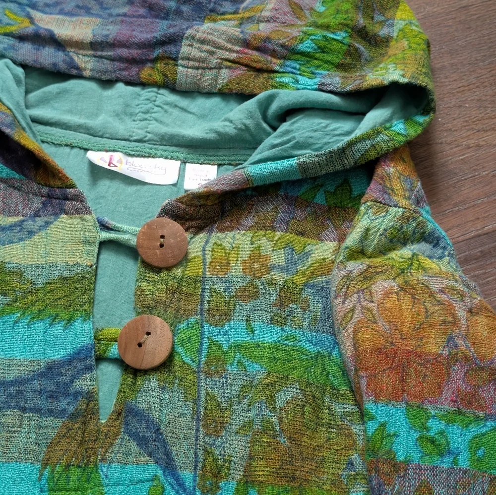 Rare 90s Cotton Exotic Safari Bohemian Hoodie Medium Yellow Teal Sunflower